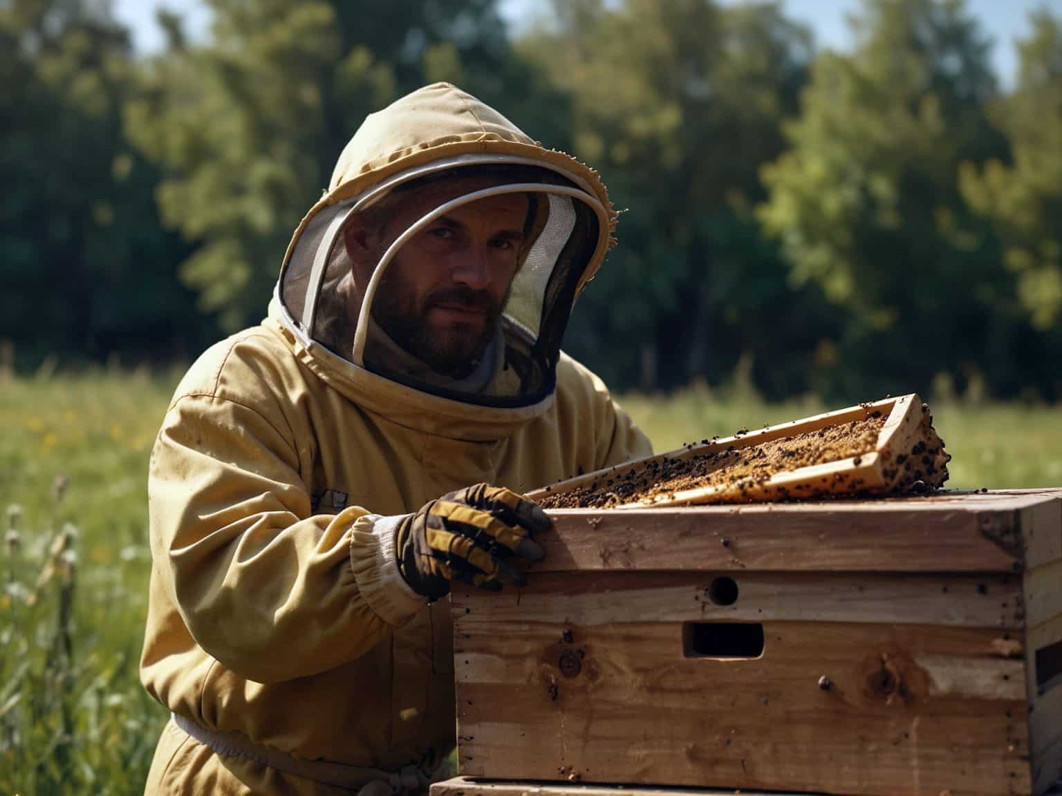 Imkeranzug & Co. : Must-haves für angehende Imkerinnen und Imker Imker im Imkeranzug am Bienenstock